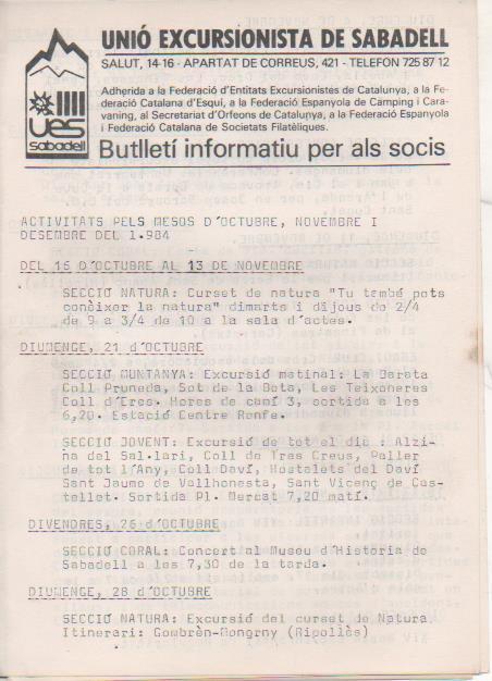 Varios E00537: Unió Excursionista de Sabadell. Butlletí Informatiu per als Socis. 1985