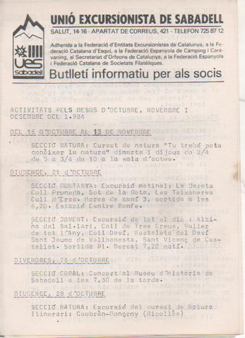 Varios E00537: Unió Excursionista de Sabadell. Butlletí Informatiu per als Socis. 1985