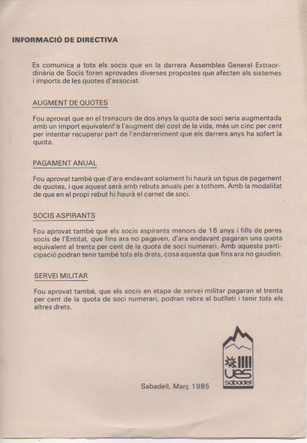 Varios E00524: Unió  Excursionista de Sabadell. Març 1985 