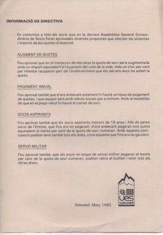 Varios E00524: Unió  Excursionista de Sabadell. Març 1985 