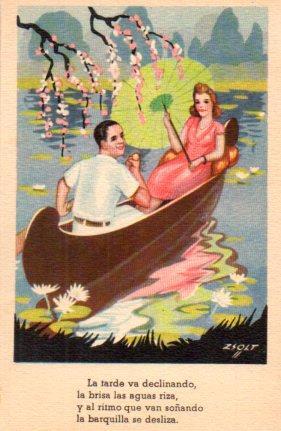 POSTAL PV08773: Pareja de enamorados en barca, ilustrada por Zsolt