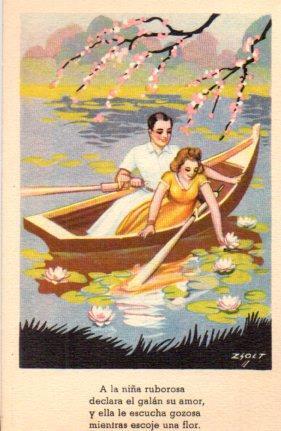 POSTAL PV08775: Pareja de enamorados en barca, ilustrada por Zsolt