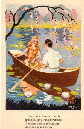 POSTAL PV08777: Pareja de enamorados en barca, ilustrada por Zsolt
