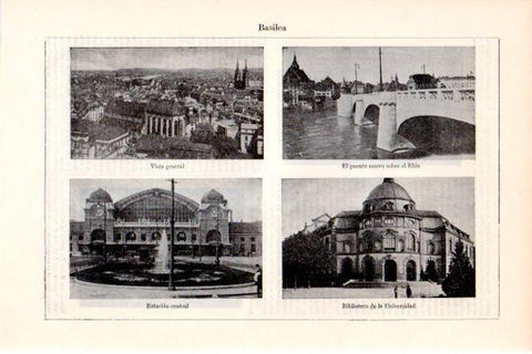 LAMINA V28733: Basilea. Vista general, Puente Nuevo, Estacion y Biblioteca