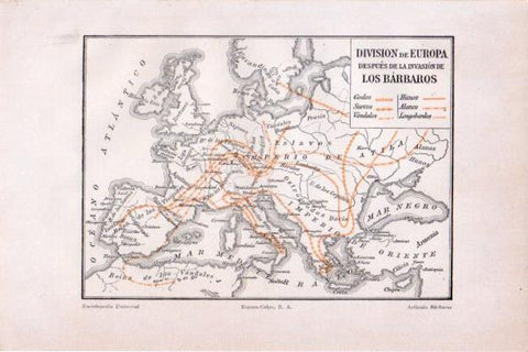 LAMINA V28670: Mapa division de Europa despues de la invasion de los Barbaros
