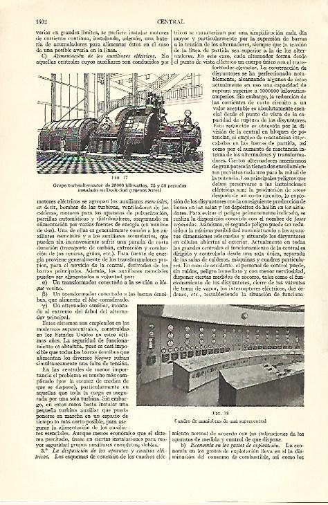 LAMINA ESPASA 39626: Turboalternador y cuadro de mandos de una central electrica
