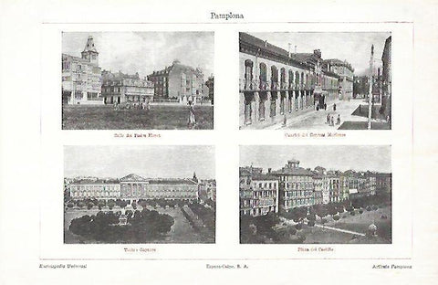 LAMINA ESPASA 39754: Calle del Padre Moret, Cuartel del General Moriones, Teatro Goyarre y Plaza del Castillo en Pamplona
