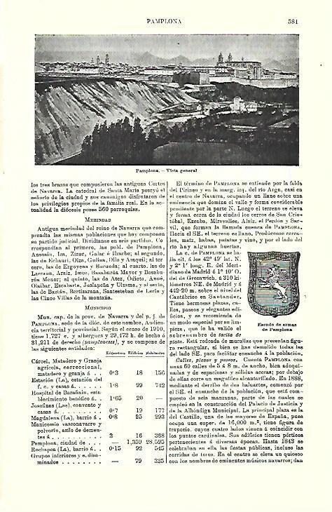 LAMINA ESPASA 39752: Escudo y vista de Pamplona