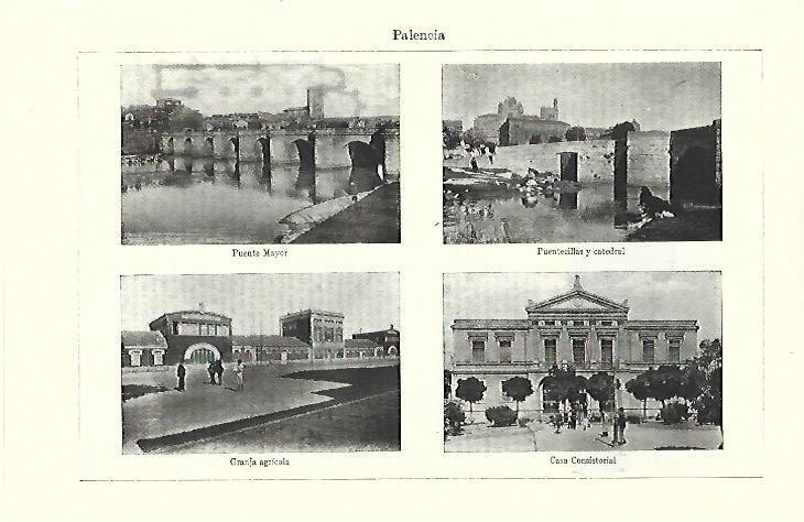 LAMINA ESPASA 39661: Puente, catedral, granja y ayuntamiento de Palencia