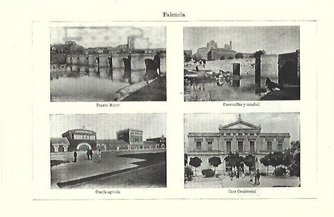 LAMINA ESPASA 39661: Puente, catedral, granja y ayuntamiento de Palencia
