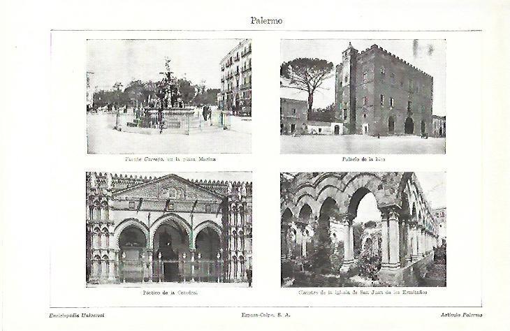 LAMINA ESPASA 39682: Fuente, Palacio de la Zisa, portico y claustro de la catedral de Palermo