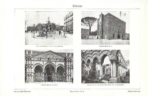 LAMINA ESPASA 39682: Fuente, Palacio de la Zisa, portico y claustro de la catedral de Palermo