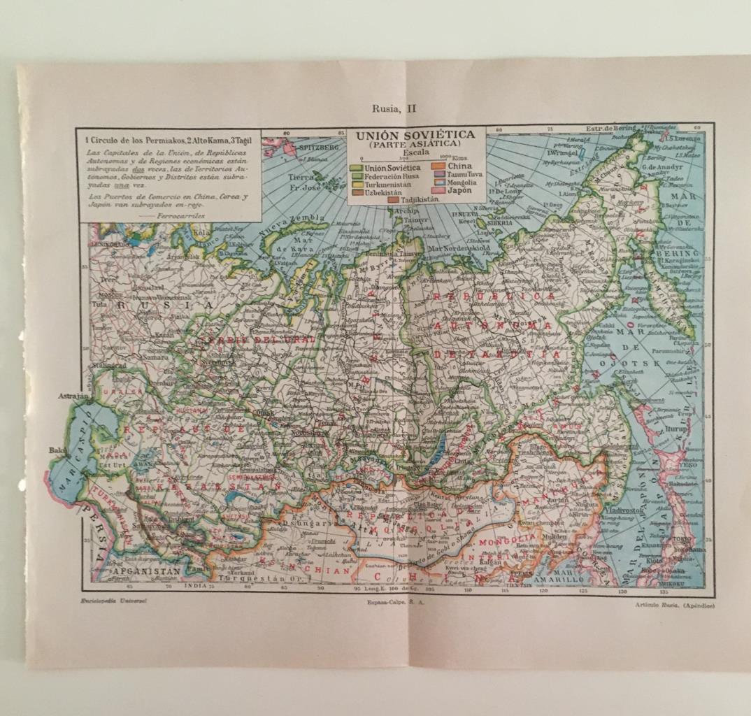LAMINA ESPASA 39425: Mapa de la parte asiatica de la URSS