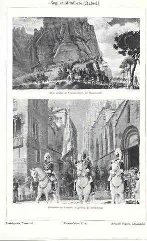 LAMINA ESPASA 39464: Don Jaime el Conquistador en Montserrat y Procesion de Corpus, por Rafael Segura Montforte