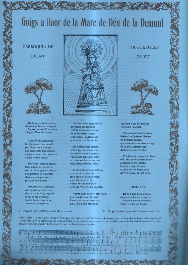 GOIGS a llaor de la Mare de Deu de la Demnt, parroquia folgueroles, Bisbat de Vic
