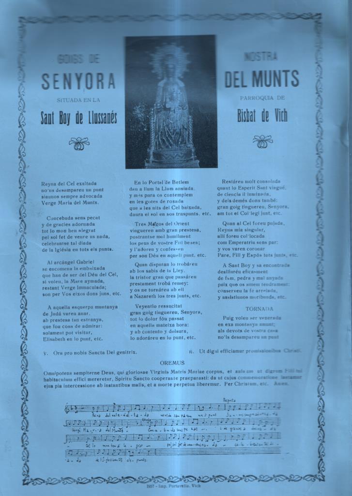 GOIGS de Nostra Senyora del Munts, situada en la parroquia de Sant Boy de Llussanes, La Bisbat de Vic