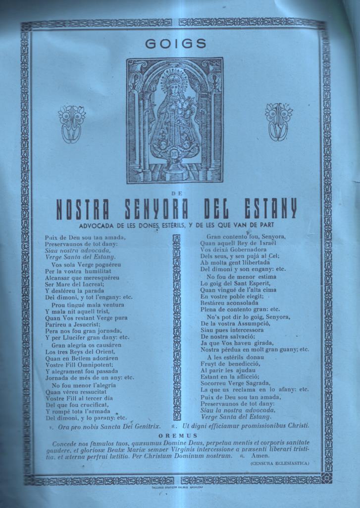 GOIGS de Nostra Senyora del Estany advocada de les dones esterils y de les que van de part