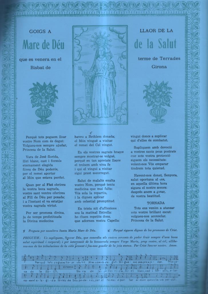 GOIGS a Llaor de la Mare de Deu de la Salut que es venera en el terme de Terrades, Bisbat de Girona