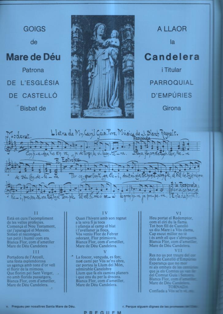 GOIGS a llaor d ela Mare de Deu Candelera patrona i titular de l'esglesia parroquial de Castello d'Empuries