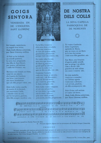 GOIGS de Nostra Senyora dels Colls, venerada en la seva capella de l'esglesia parroquial de Sant Llorenç de Morunys