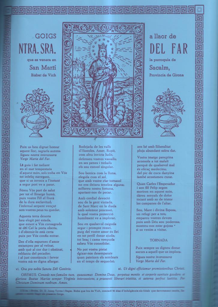 GOIGS a llaor de Ntra Sra del Far que es venera en la parroquia de Sant Marti Sacalm 