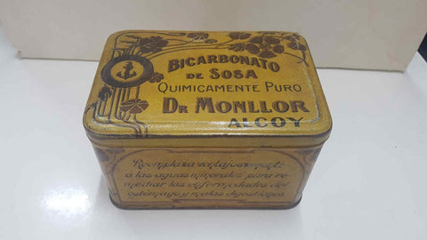 Caja metal/Lata: con publicidad de Bicarbonato de Sosa. Quimicamente puro. Dr Monllor Alcoy