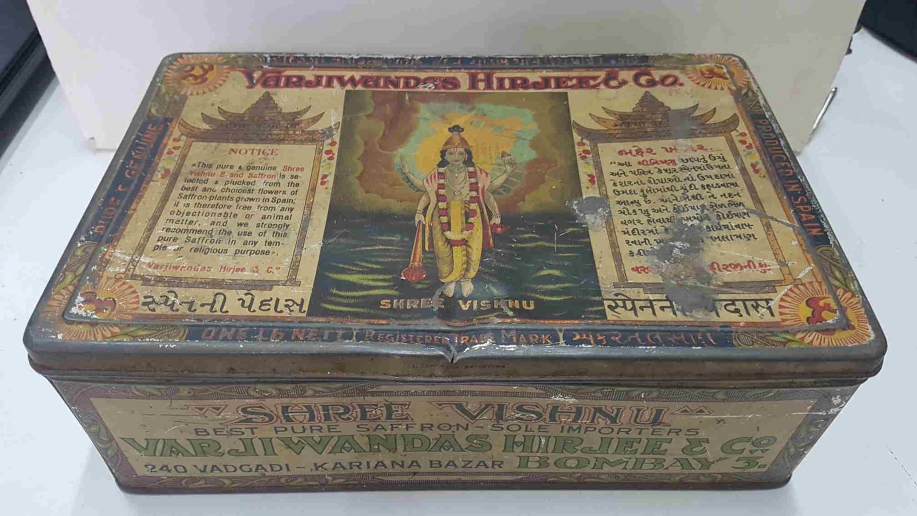 Caja metal/Lata coleccionismo: Varjiwandas Hirjee. Shree Vishnu. Best pure safron - sole importers