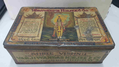 Caja metal/Lata coleccionismo: Varjiwandas Hirjee. Shree Vishnu. Best pure safron - sole importers