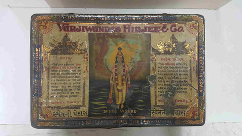 Caja metal/Lata coleccionismo: Varjiwandas Hirjee. Shree Vishnu. Best pure safron - sole importers