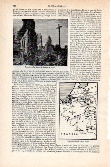 LAMINA V29643: Lisieux en ruinas y mapa conquista de los Paises Bajos