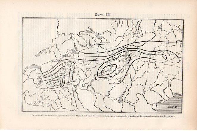 LAMINA V29769: Mapa limite inferior de las nieves persistentes en los Alpes