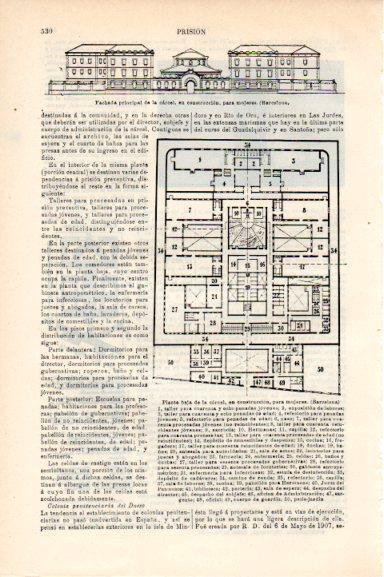 LAMINA V30532: Fachada y planta de la carcel en construccion para mujeres en Barcelona