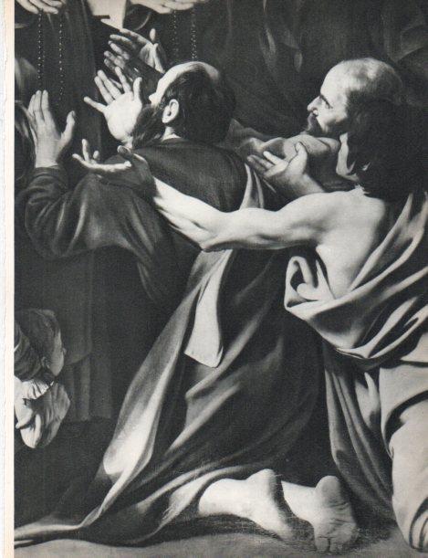 LAMINA V30469: Virgen del Rosario, detalle por Caravaggio