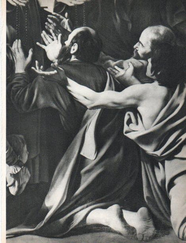 LAMINA V30469: Virgen del Rosario, detalle por Caravaggio