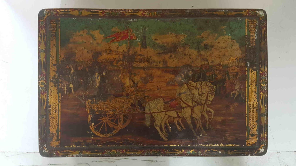 Caja metal/Lata coleccionismo: Rath Brand Mixed Saffron (Azafrán). Carro de la India tirado por 4 caballos