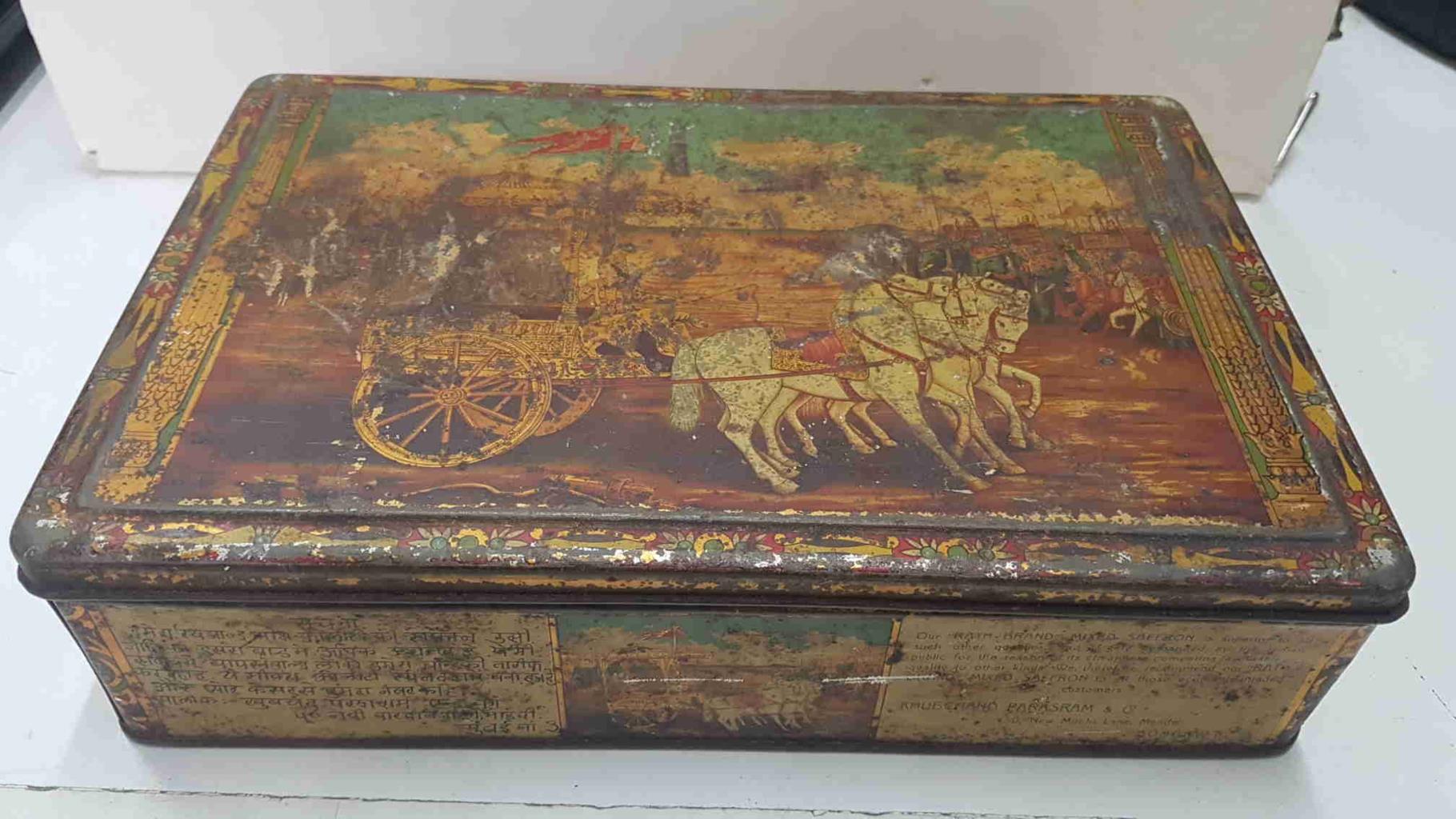 Caja metal/Lata coleccionismo: Rath Brand Mixed Saffron (Azafrán). Carro de la India tirado por 4 caballos