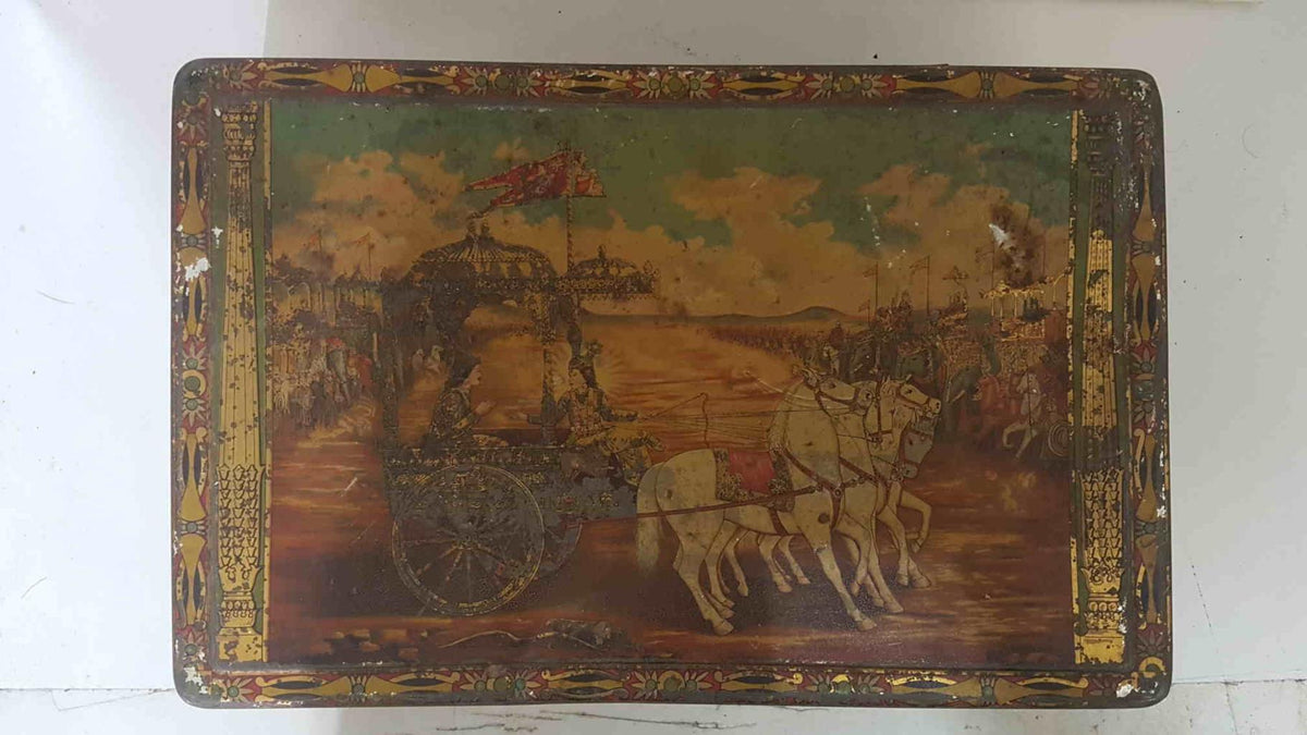 Caja metal/Lata coleccionismo: Carro de la India tirado por 4 caballos. Rath Brand Mixed Saffron (Azafrán). 