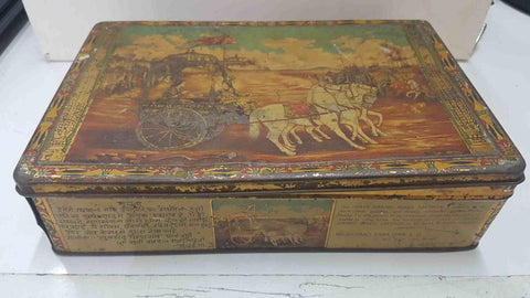 Caja metal/Lata coleccionismo: Carro de la India tirado por 4 caballos. Rath Brand Mixed Saffron (Azafrán). 