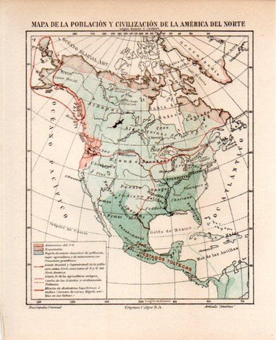 LAMINA V31496: Mapa de la poblacion y civilizacion de America del Norte en trasera America del Sur