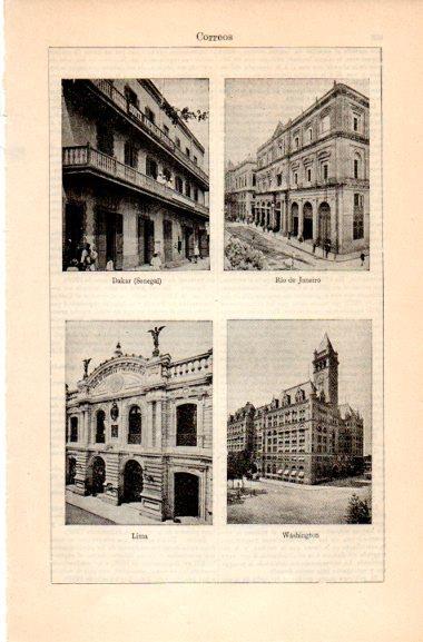LAMINA V31140: Edificio de Correos en Dakar, Rio de Janeiro, Lima y Washington