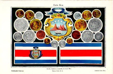 LAMINA V31128: Escudo, banderas y monedas de Costa Rica