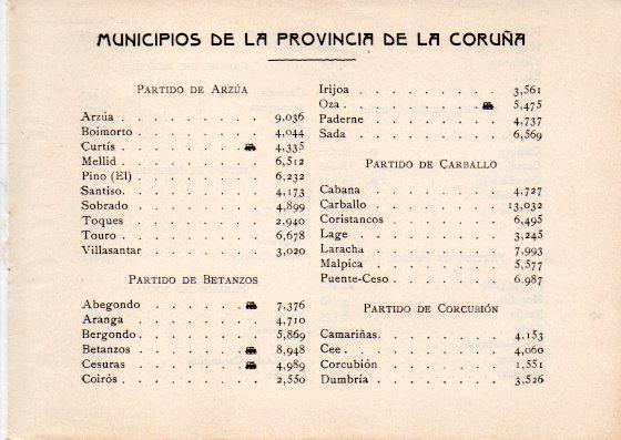 LAMINA V32114: Relacion de Municipios de la Provincia de La Coruña