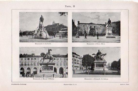 LAMINA V32705: Monumento a Garibaldi, Pietro Micca, M. Filiberto y F. de Saboya en Turin