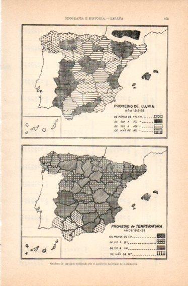 LAMINA V32795: Mapas de España promedio de lluvia y temperatura años 1942-58