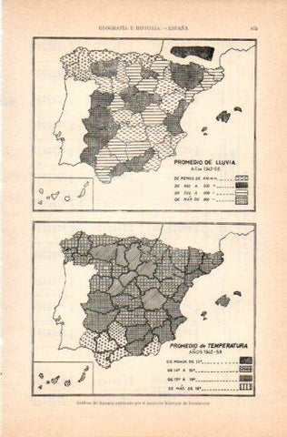 LAMINA V32795: Mapas de España promedio de lluvia y temperatura años 1942-58