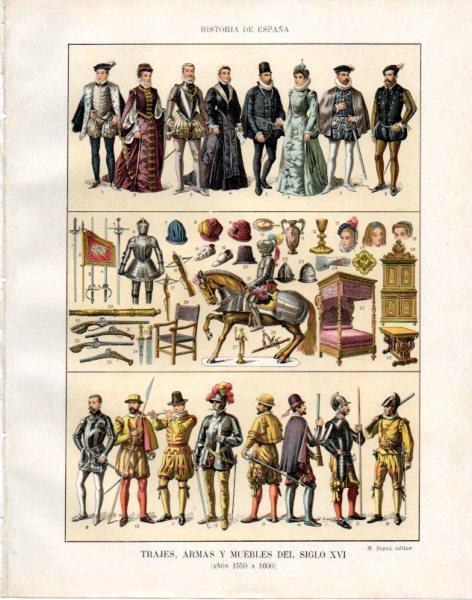 LAMINA V33908: Trajes, armas y muebles del siglo XVI (1550 a 1600)