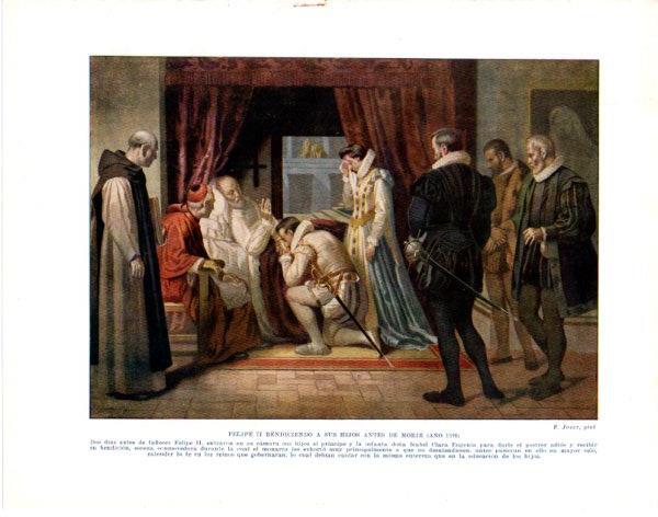 LAMINA V33893: Felipe II bendiciendo a sus hijos antes de morir por F. Jover