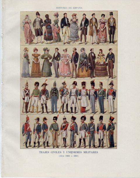 LAMINA V34079: Trajes civiles y uniformes militares entre 1800 a 1850