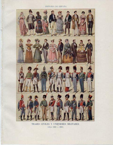 LAMINA V34079: Trajes civiles y uniformes militares entre 1800 a 1850