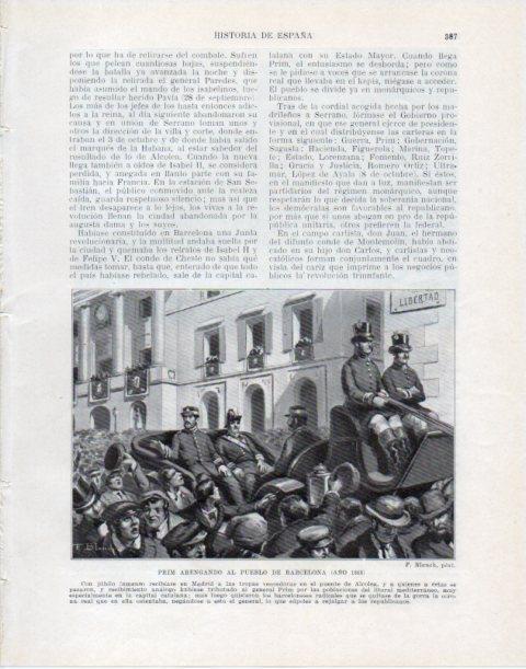 LAMINA V34116: Prim aregando al pueblo de Barcelona en 1868 por F. Blanch